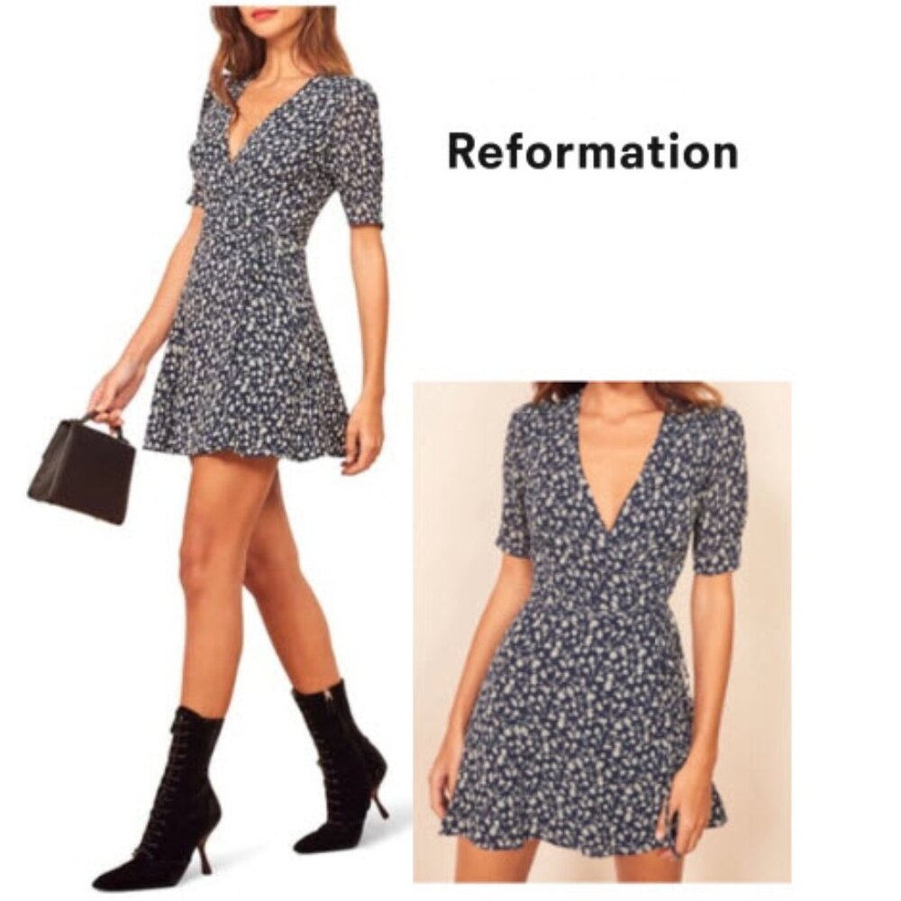 Reformation Lucky Wrap Mini Dress Elyse Floral Navy XS V-Neck